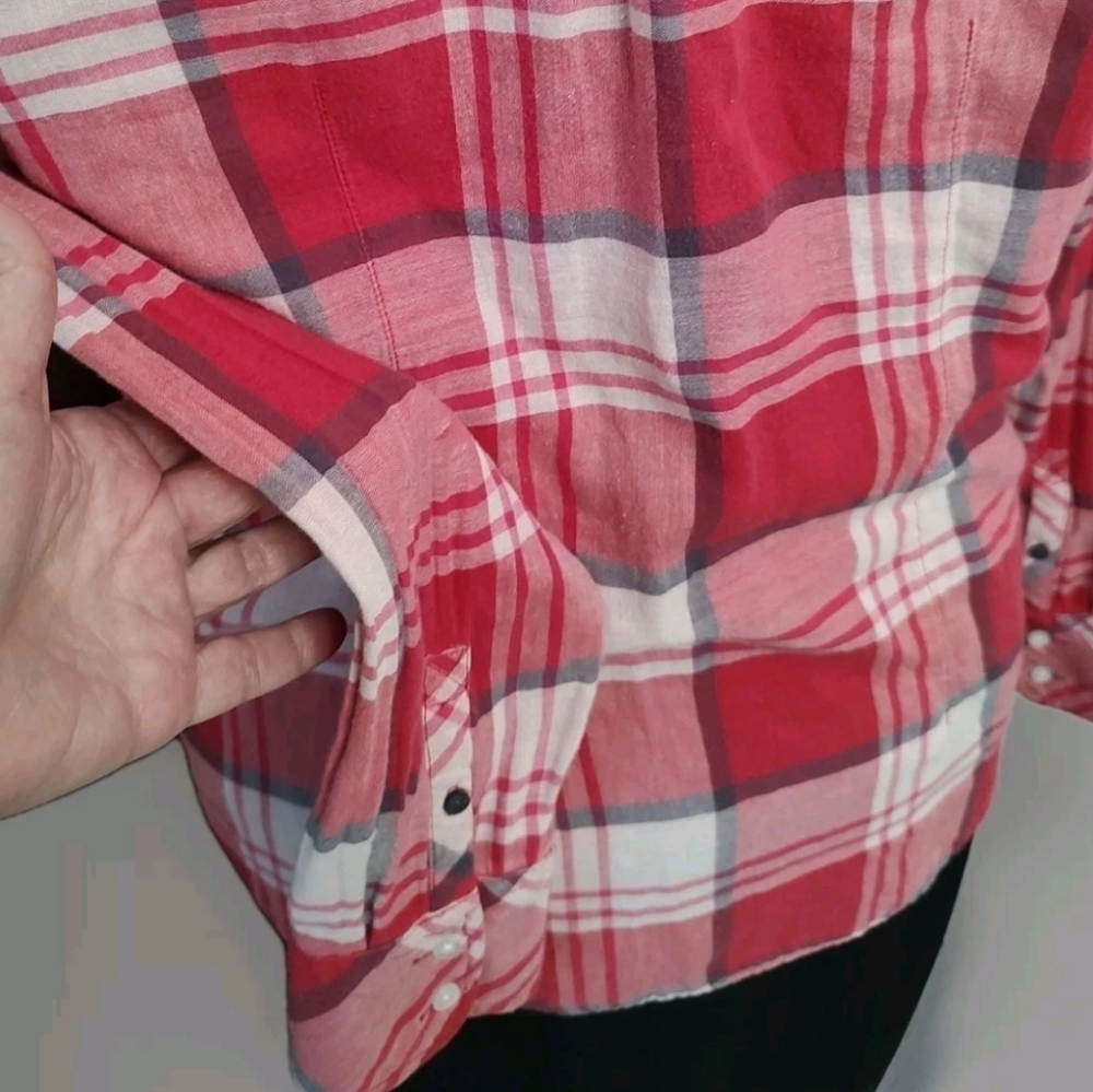 Vtg 09' American Eagle Women's 12 Dark Pink Plaid Long Sleeve Lined Button Up - Picture 7 of 16